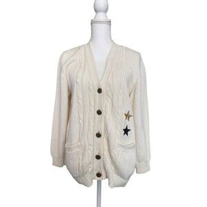 Vintage Iceberg Italy Cable Knit Cardigan Ivory Star Patch Wool Blend Size S